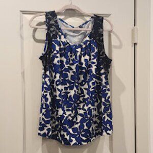 Covington sleeveless XL blue, black, white blouse with black lace trim